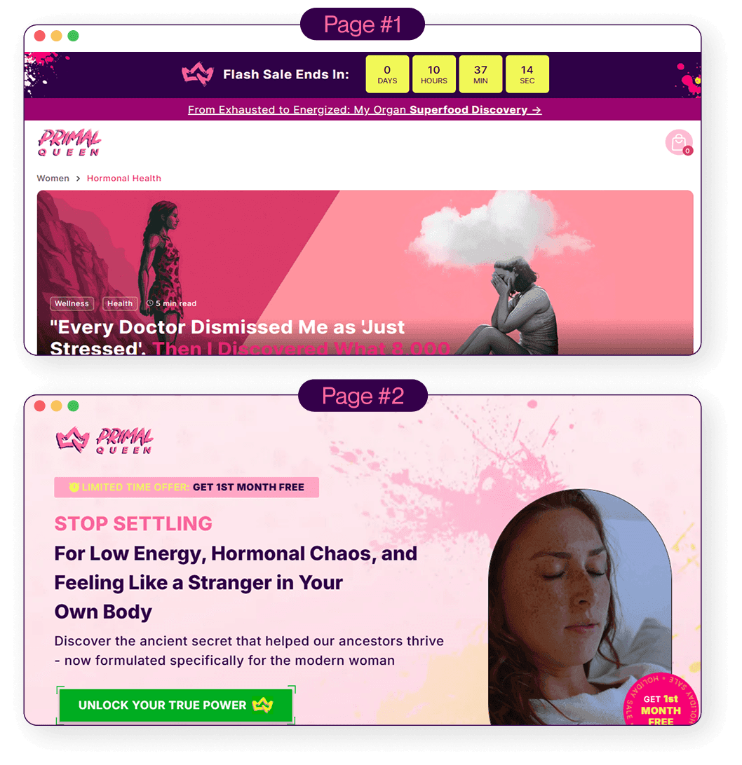 Two of the tested Primal Queen landing pages shown in browser windows