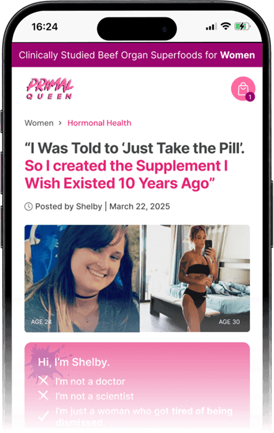 The winning Primal Queen advertorial landing page shown on a phone